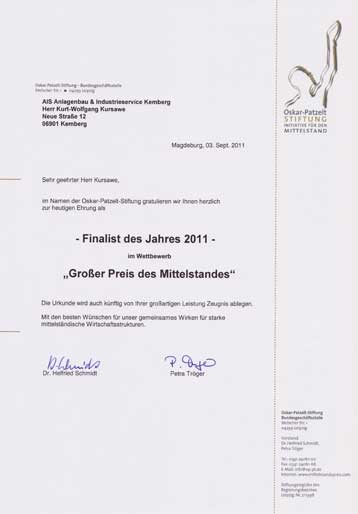 Urkunde Großer Preis des Mittelstandes 2010