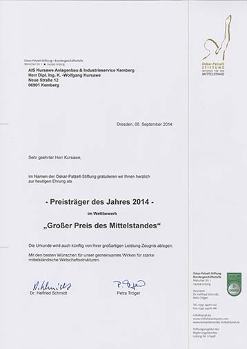 Urkunde Großer Preis des Mittelstandes 2010
